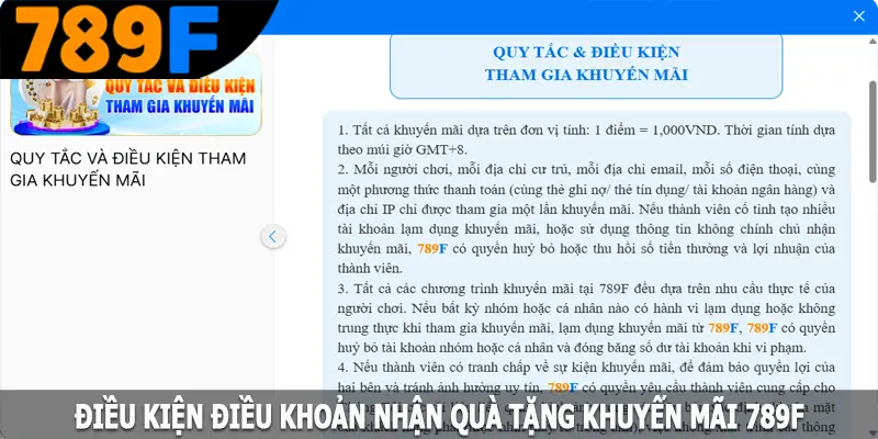 Điều kiện điều khoản nhận quà tặng khuyến mãi 789F